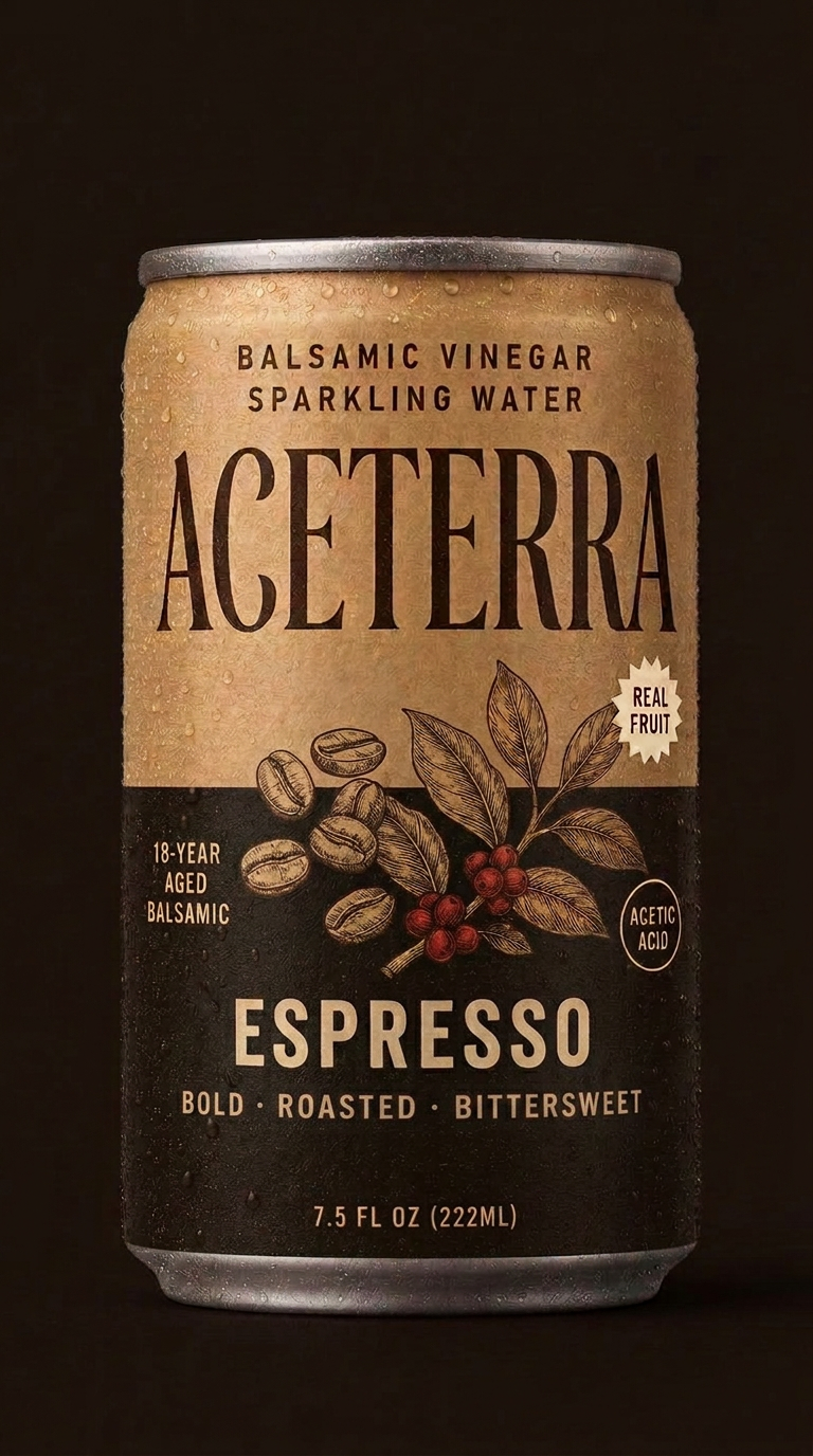 Aceterra Espresso balsamic vinegar sparkling water can